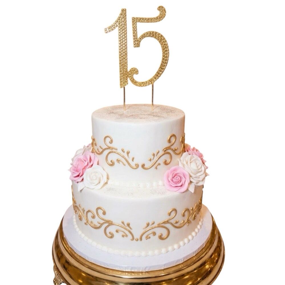 Rhinestone Number 15 Cake Topper Gold Crystal Quinceanera 15th Birthday Bling